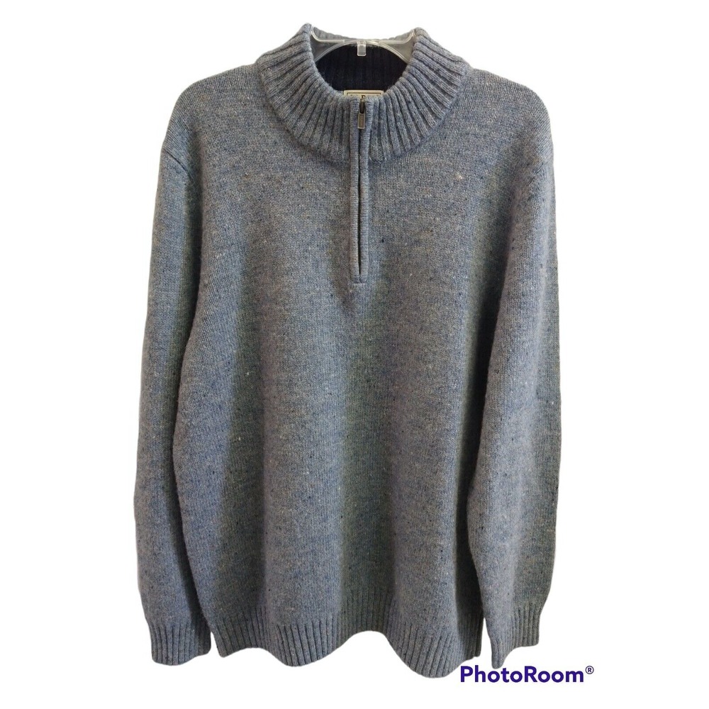 Mens LL Bean 1/4 Zip Sweater Shetland Wool Blue  Brown Corduroy Elbow Patches XL